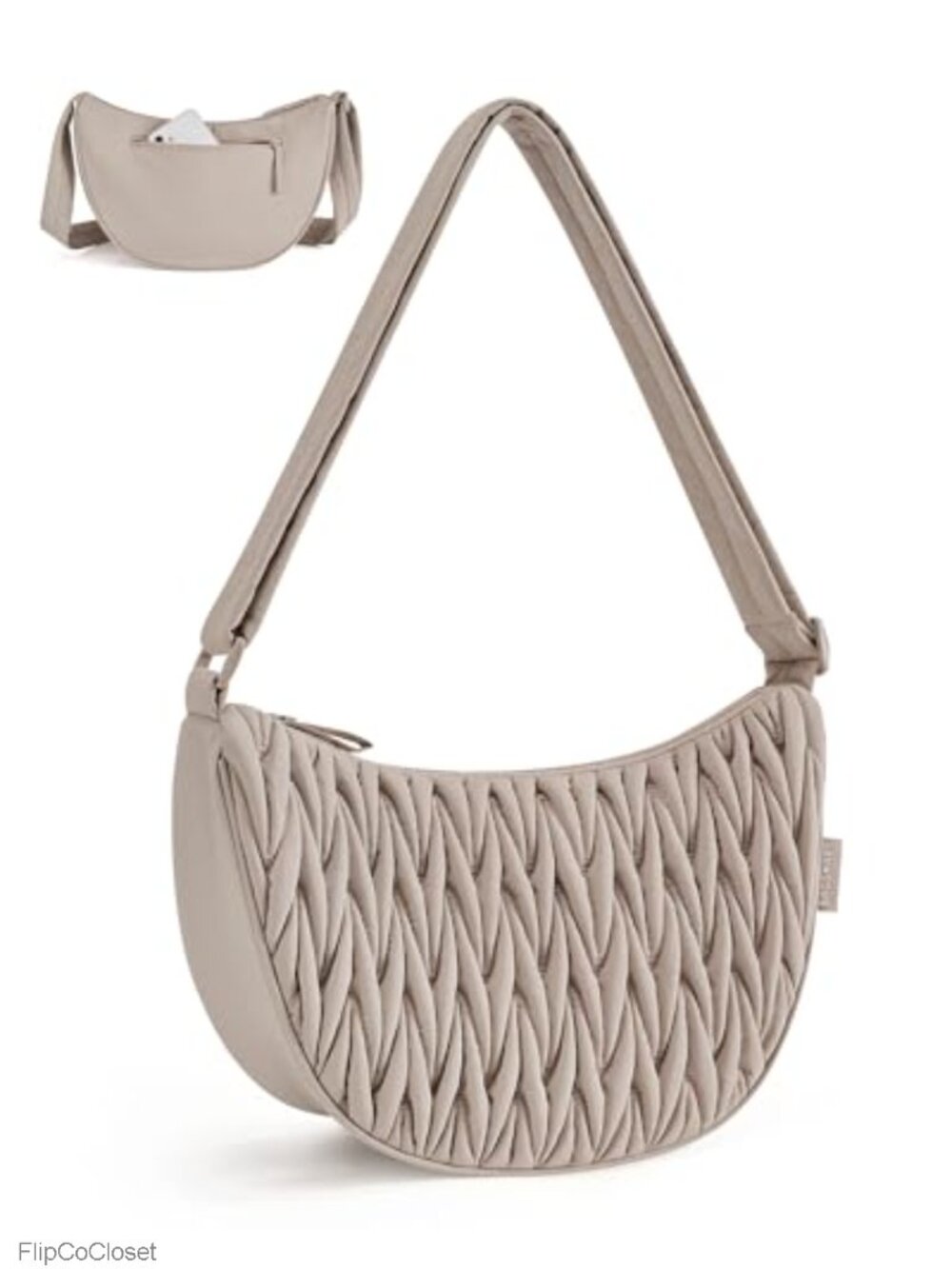 Quilted Polyester Crescent Crossbody Bag with Adjustable Strap, Hobo Style,